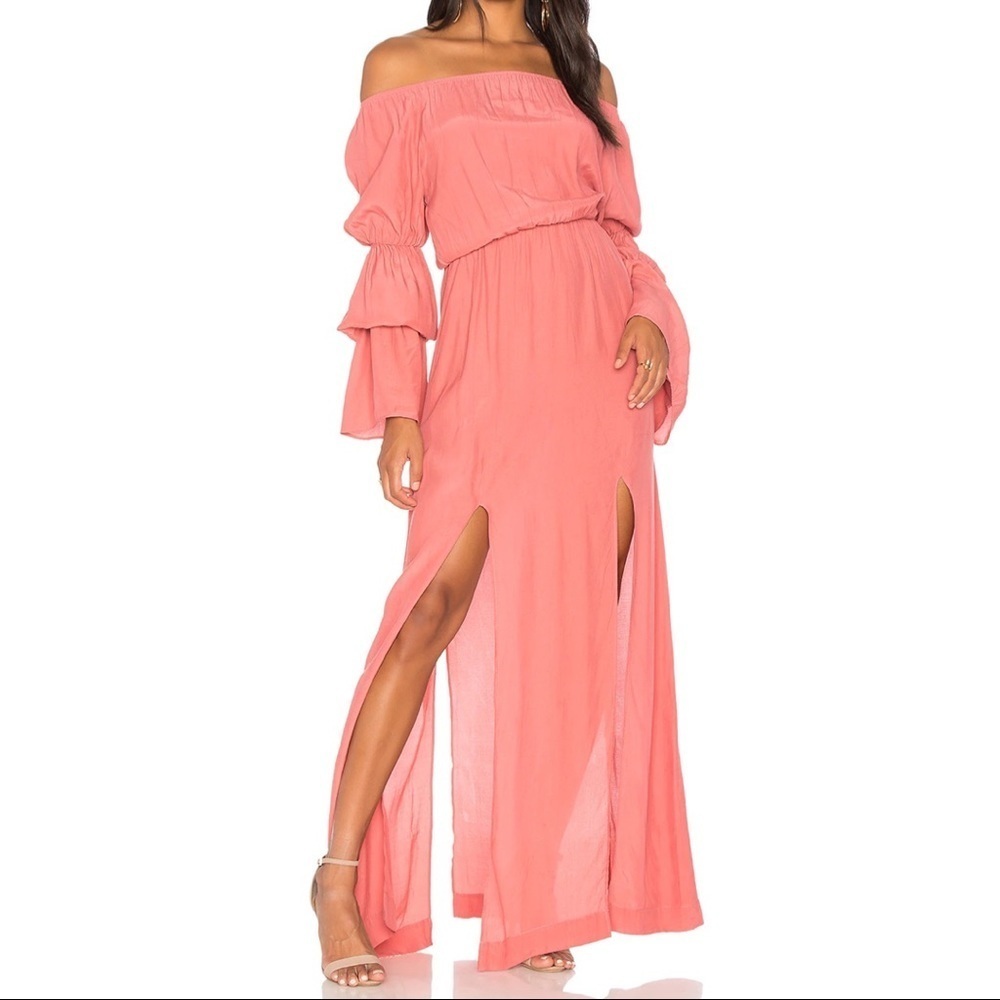 NWT S/W/F Revolve Maddy Coral Off Shoulder Long Puff Sleeve Slit Maxi Dress
